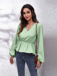 V-Neck Balloon Sleeve Peplum Blouse - Pahabu - Women's Clothing & Shop