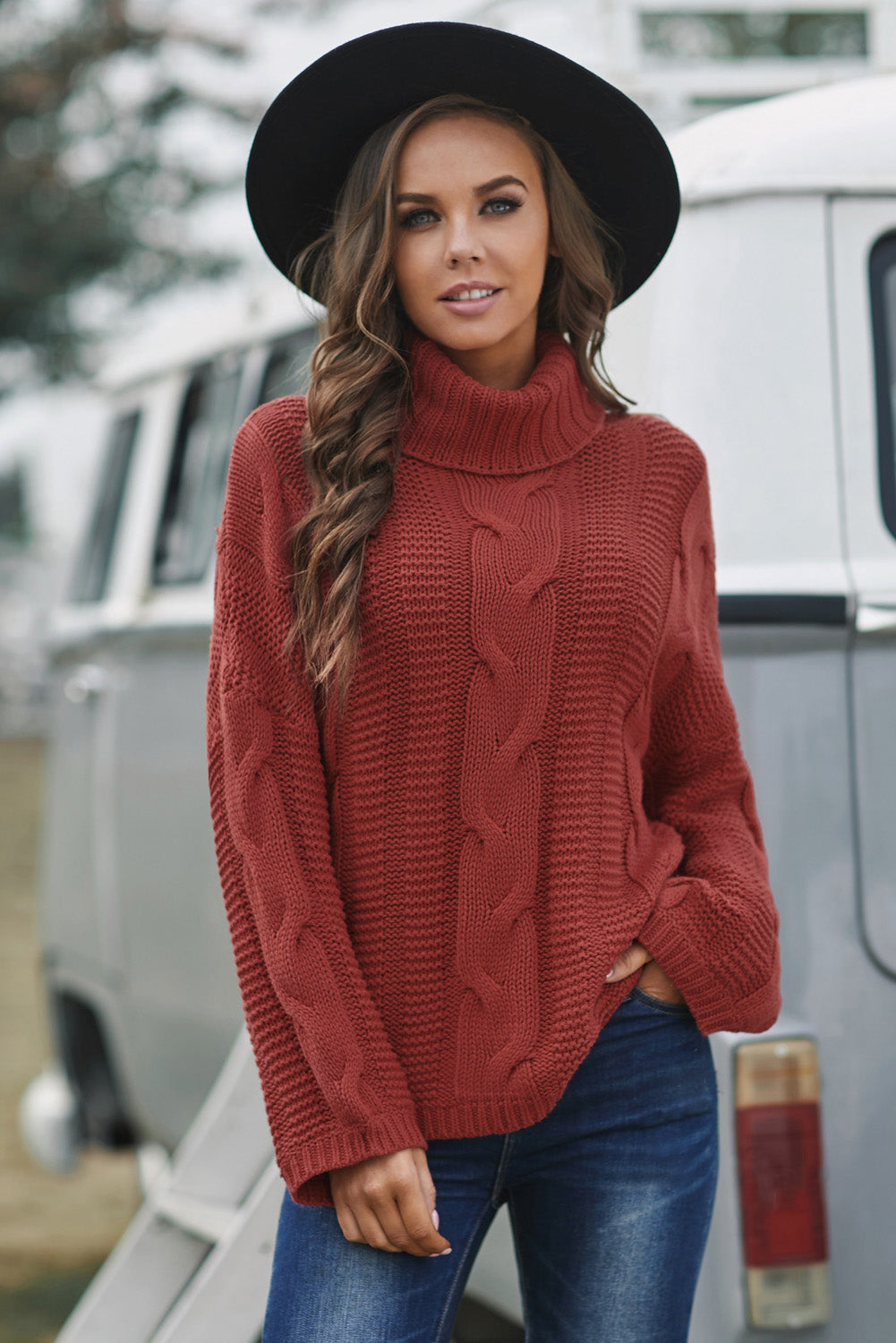 Cable-Knit Turtleneck Dropped Shoulder Sweater - Pahabu - Women's Clothing & Shop