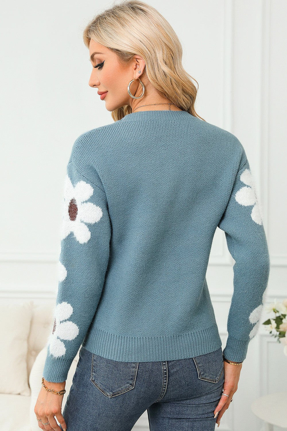 Flower Round Neck Long Sleeve Sweater - Pahabu - Women's Clothing & Shop