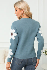 Flower Round Neck Long Sleeve Sweater - Pahabu - Women's Clothing & Shop