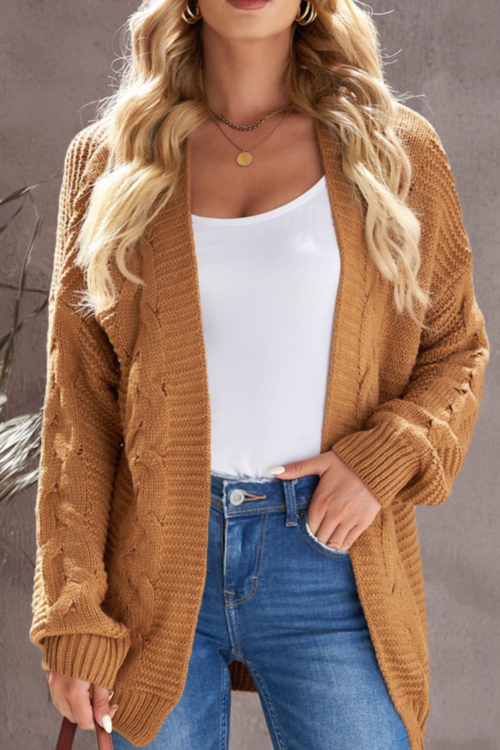 Cable-Knit Open Front Cardigan - Pahabu - Women's Clothing & Shop