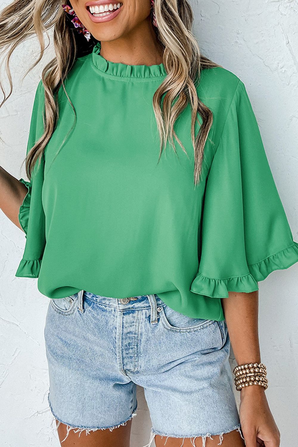 Frill Round Neck Wide Half Sleeve Blouse - Pahabu - Women's Clothing & Shop