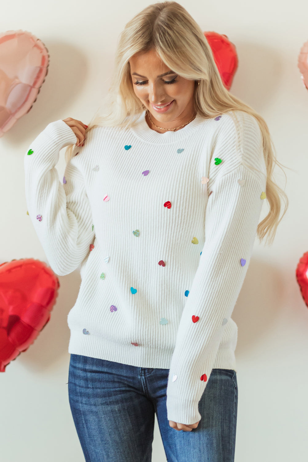 Heart Sequin Round Neck Long Sleeve Sweater - Pahabu - Women's Clothing & Shop