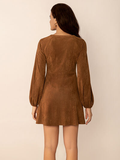 Notched Button Down Long Sleeve Mini Dress - Pahabu - Women's Clothing & Shop