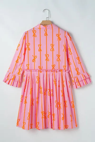 Ruffled Bow Printed Three-Quarter Sleeve Shirt Dress - Pahabu - Women's Clothing & Shop