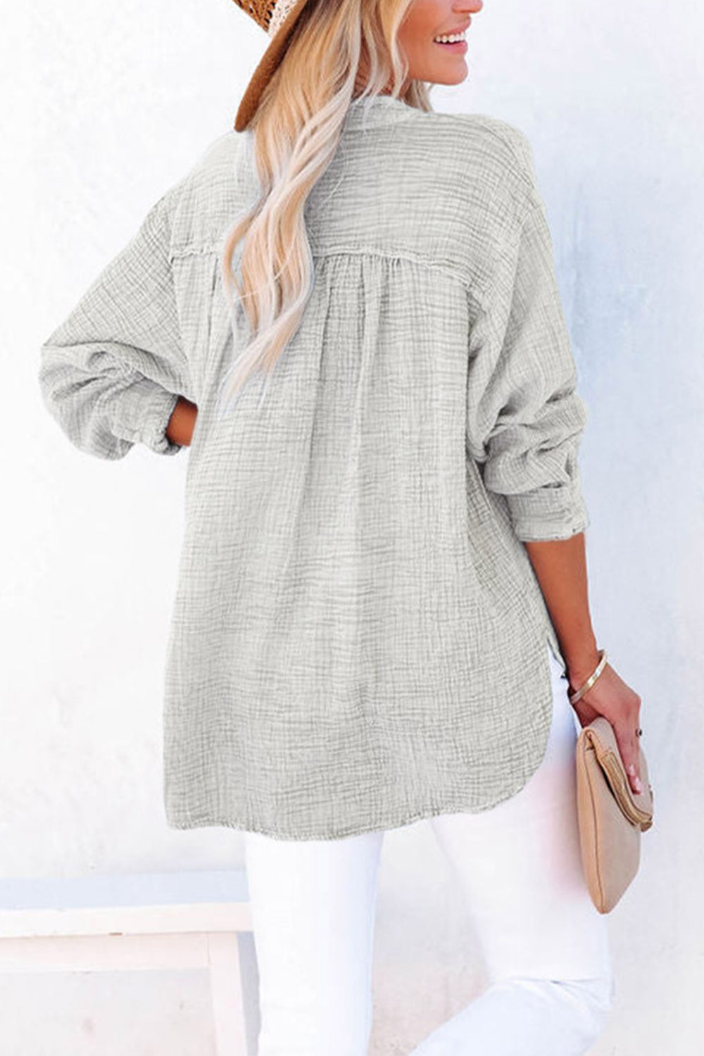 Buttoned Long Sleeve Blouse - Pahabu - Women's Clothing & Shop