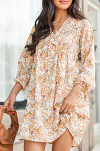 Printed V-Neck Balloon Sleeve Mini Dress - Pahabu - Women's Clothing & Shop