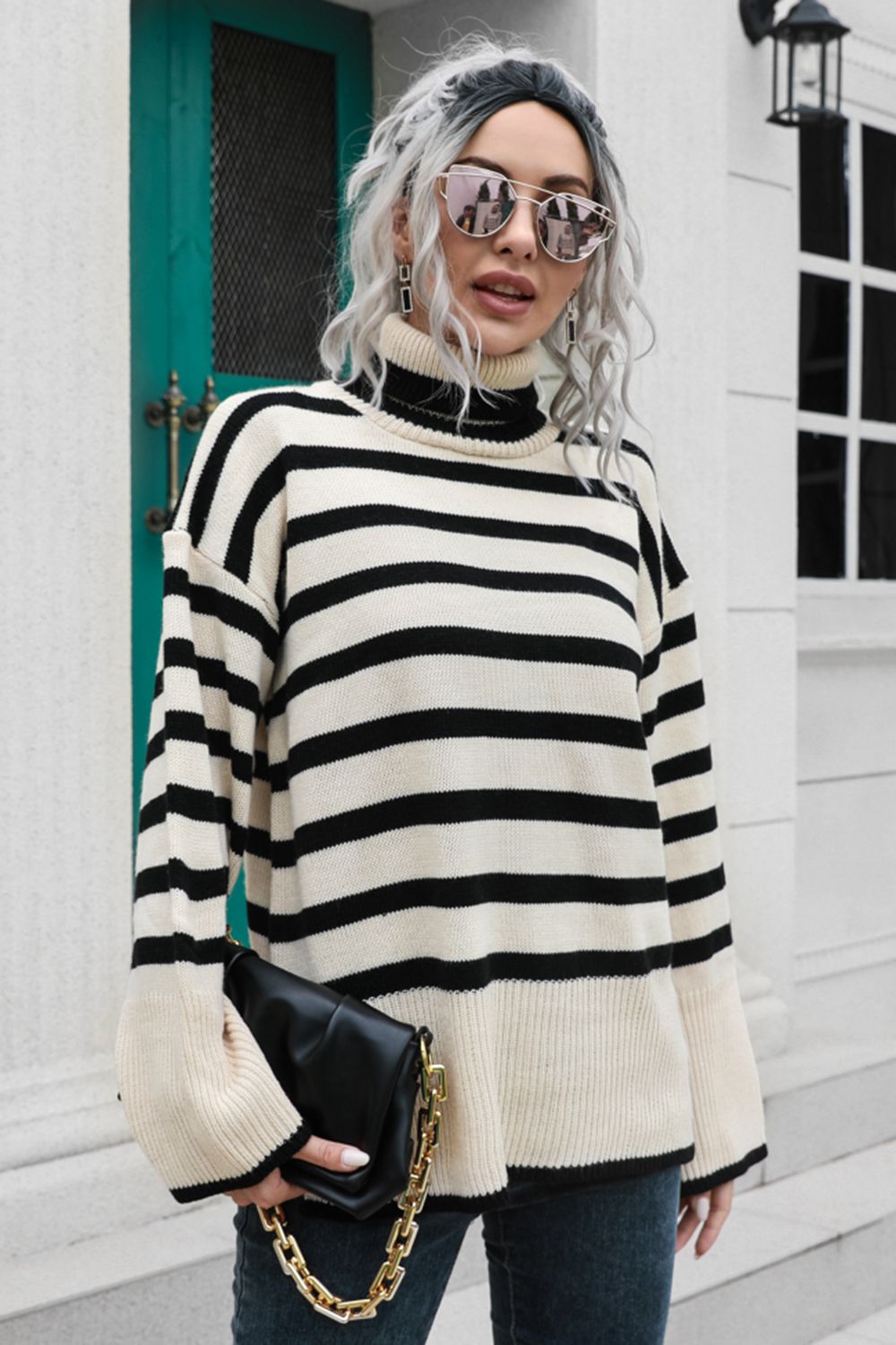 Striped Turtleneck Drop Shoulder Sweater - Pahabu - Women's Clothing & Shop