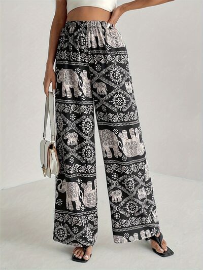 Printed Wide Leg Elastic Waist Pants - Pahabu - Women's Clothing & Shop