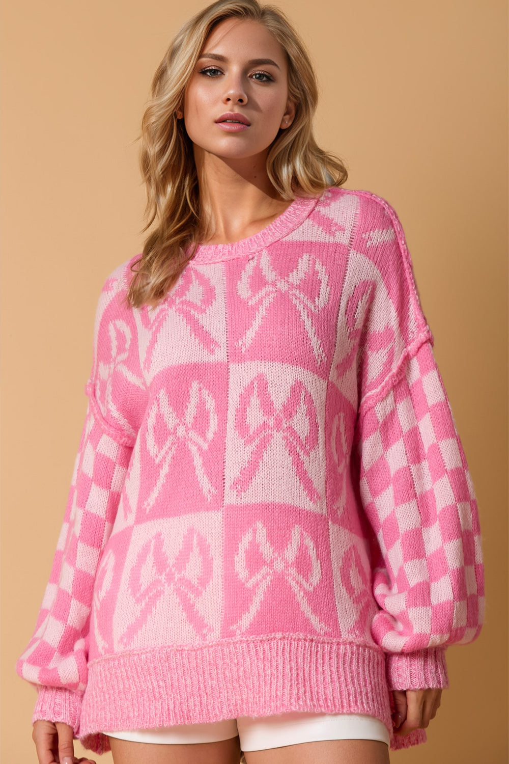Double Take Full Size Checkered Bow Contrast Long Sleeve Sweater - Pahabu - Women's Clothing & Shop