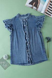 Raw Hem Button Up Cap Sleeve Denim Top - Pahabu - Women's Clothing & Shop