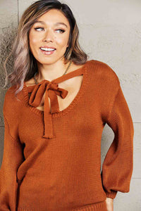 Tied Balloon Sleeve Round Neck Sweater - Pahabu - Women's Clothing & Shop