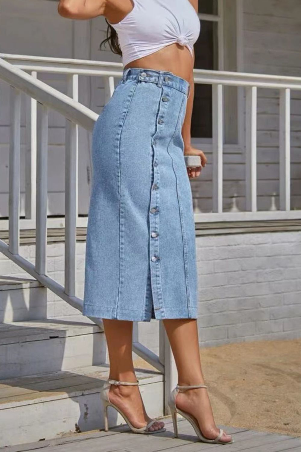 Buttoned Split Denim Skirt - Pahabu - Women's Clothing & Shop