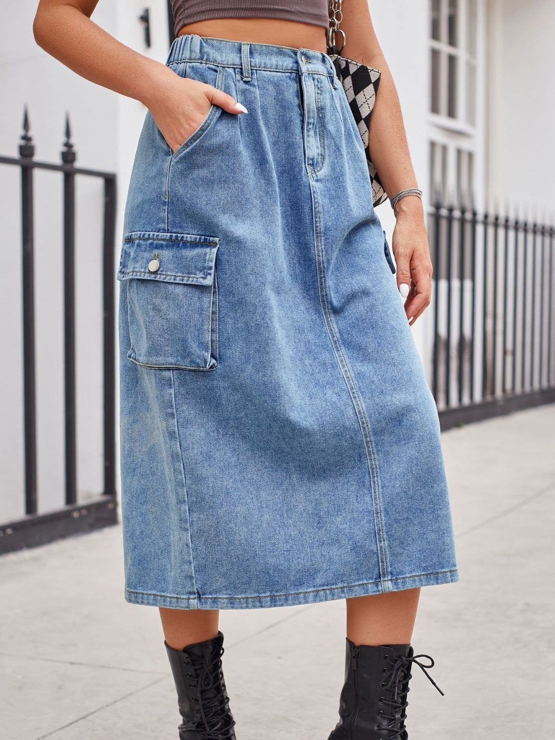 Slit Buttoned Denim Skirt with Pockets - Pahabu - Women's Clothing & Shop