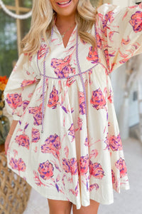 Tied Flower Printed Three-Quarter Sleeve Dress - Pahabu - Women's Clothing & Shop