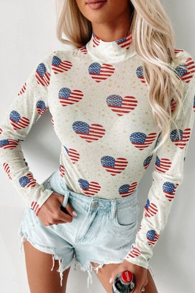 US Flag Heart Mock Neck Long Sleeve Bodysuit - Pahabu - Women's Clothing & Shop