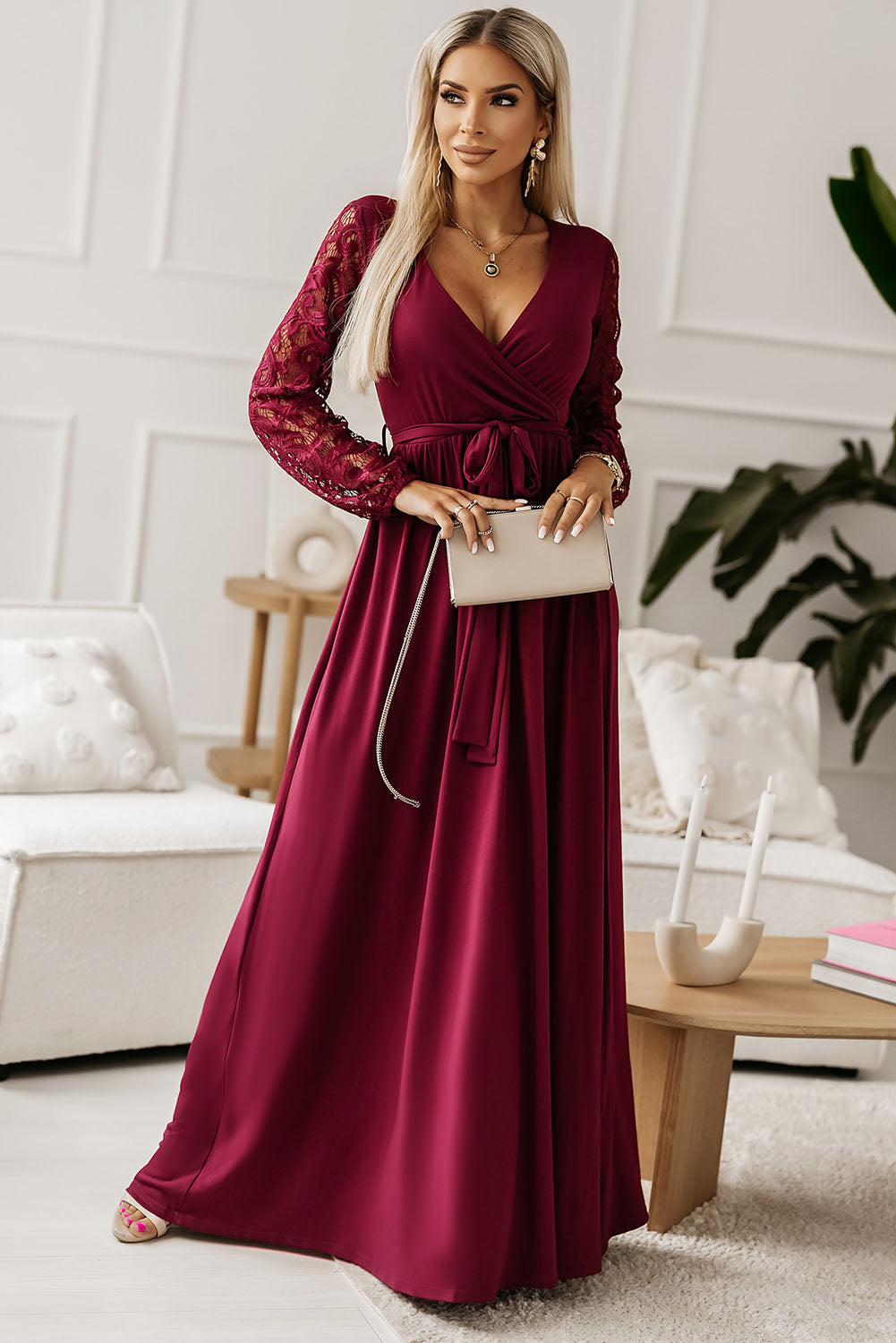 Lace Detail Surplice Tie-Waist Maxi Dress - Pahabu - Women's Clothing & Shop