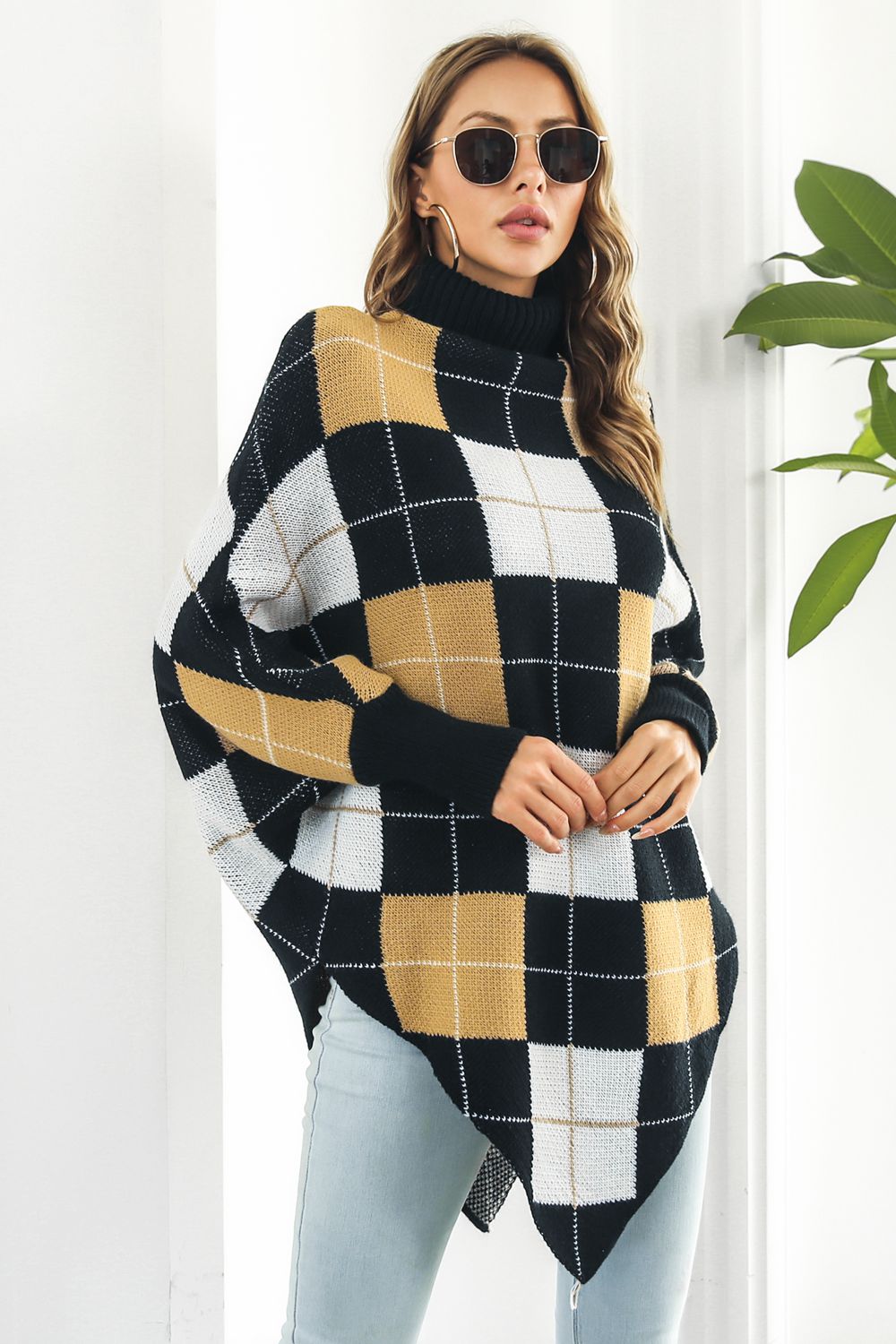 Plaid Turtleneck Dolman Sleeve Poncho - Pahabu - Women's Clothing & Shop