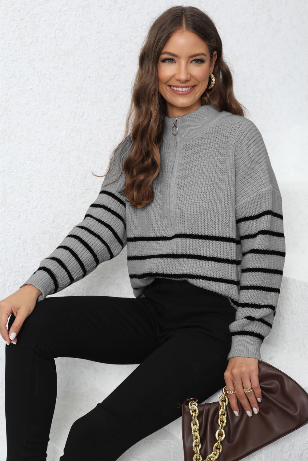 Mock Neck Long Sleeve Zip-Up Sweater - Pahabu - Women's Clothing & Shop