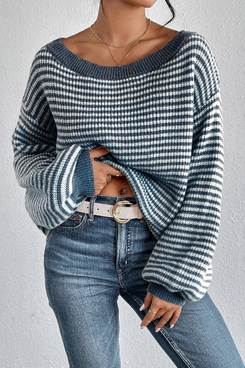 Striped Boat Neck Long Sleeve Sweater - Pahabu - Women's Clothing & Shop