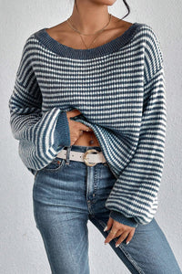 Striped Boat Neck Long Sleeve Sweater - Pahabu - Women's Clothing & Shop