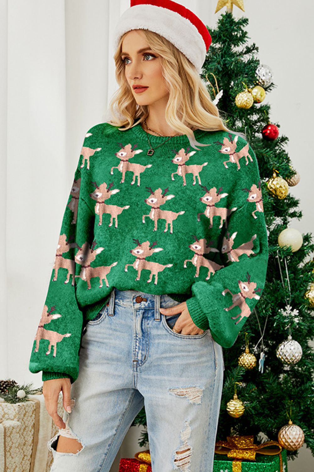 Reindeer Round Neck Drop Shoulder Sweater - Pahabu - Women's Clothing & Shop