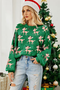 Reindeer Round Neck Drop Shoulder Sweater - Pahabu - Women's Clothing & Shop