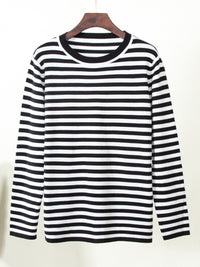 Striped Round Neck Long Sleeve Sweater - Pahabu - Women's Clothing & Shop