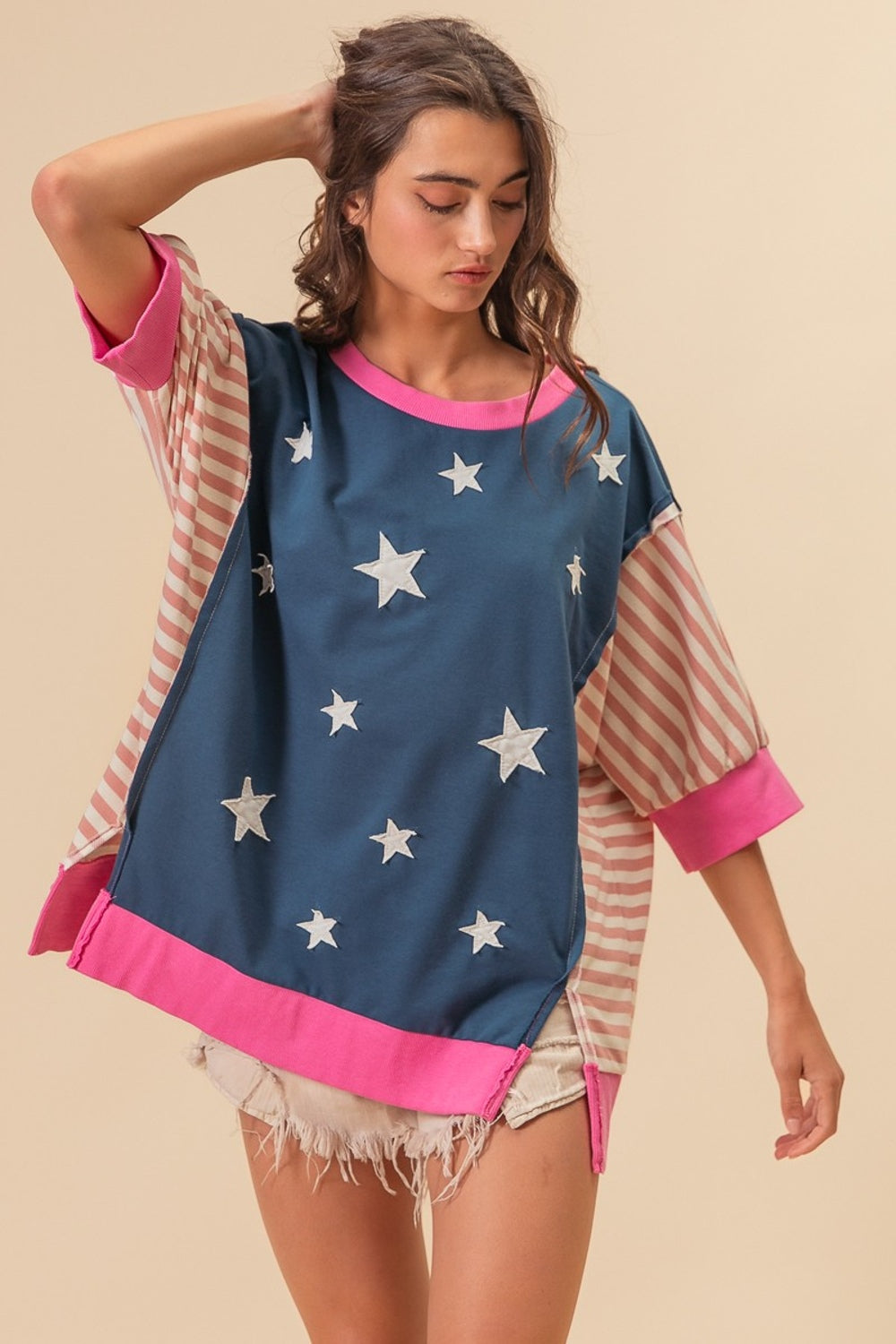 BiBi US Flag Theme Color Block Star Patch T-Shirt