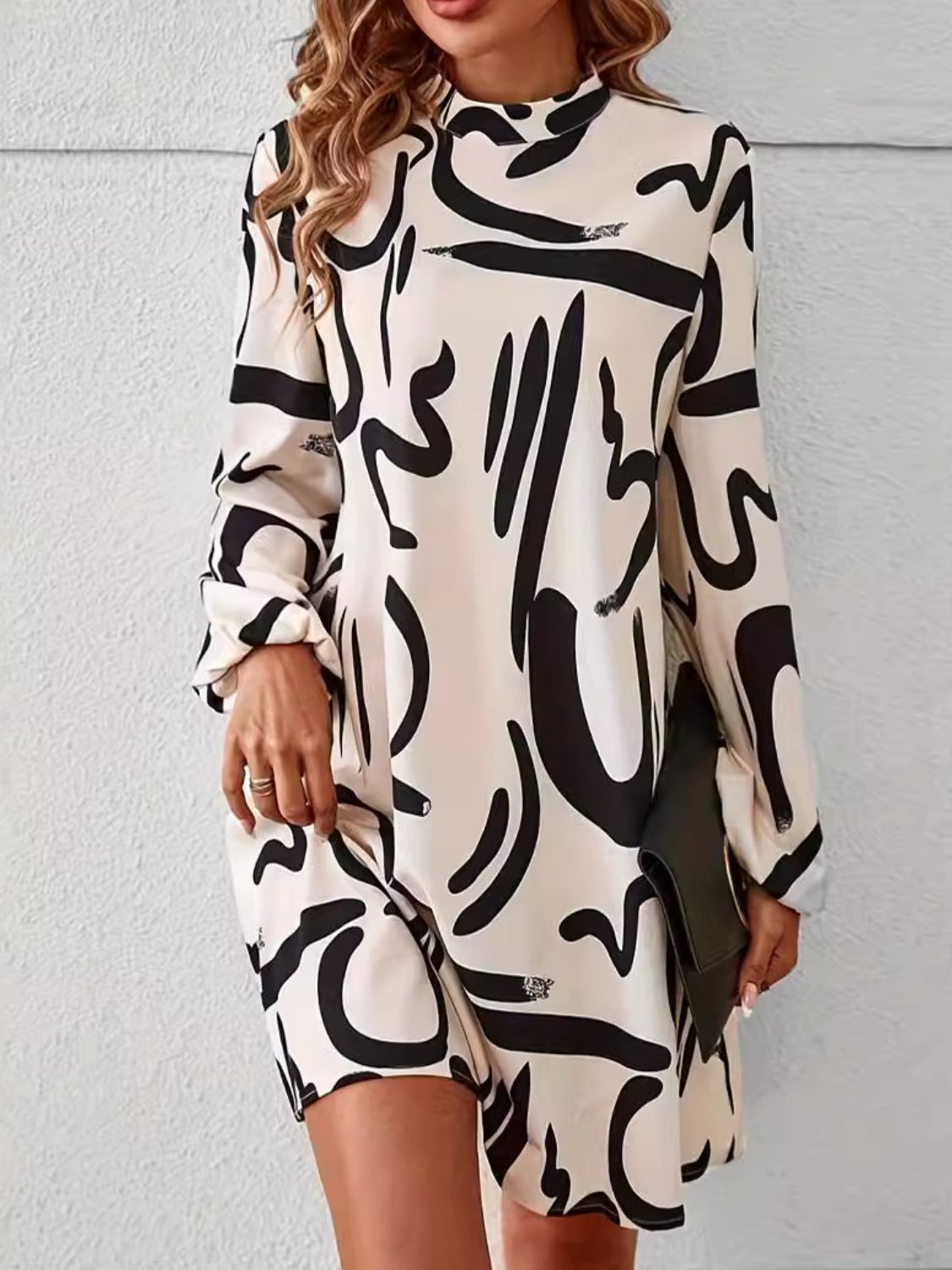 Printed Mock Neck Long Sleeve Mini Dress - Pahabu - Women's Clothing & Shop