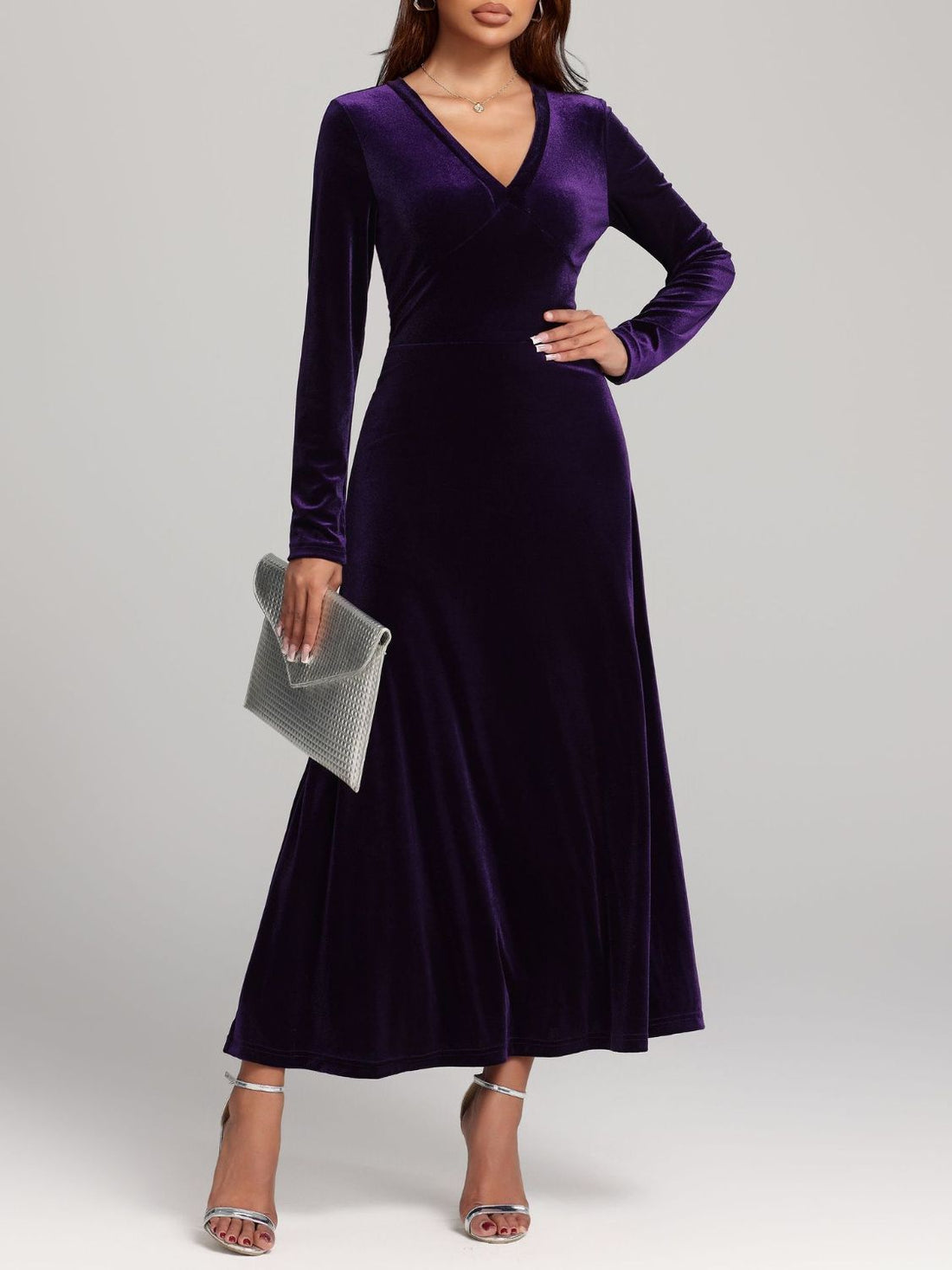 V-Neck Long Sleeve Velvet Dress - Pahabu - Women's Clothing & Shop