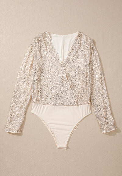 Sequin Surplice Long Sleeve Bodysuit - Pahabu - Women's Clothing & Shop