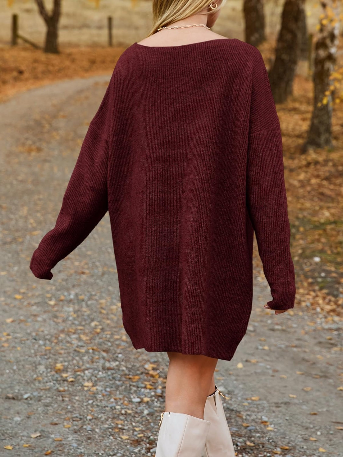 V-Neck Dropped Shoulder Sweater Dress - Pahabu - Women's Clothing & Shop