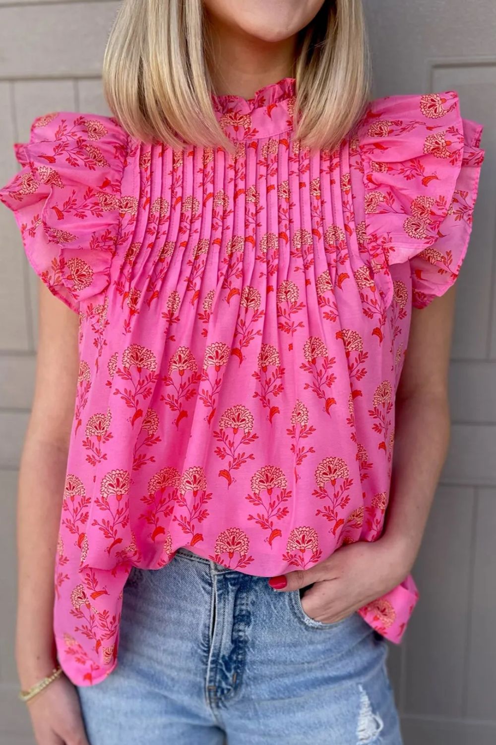 Ruffled Printed Mock Neck Cap Sleeve Blouse - Pahabu - Women's Clothing & Shop