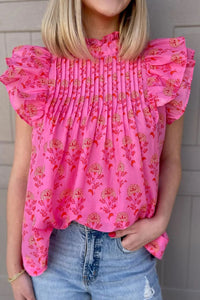 Ruffled Printed Mock Neck Cap Sleeve Blouse - Pahabu - Women's Clothing & Shop