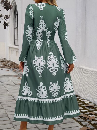 Devine Ruffled Printed Plunge Long Sleeve Dress - Pahabu - Women's Clothing & Shop
