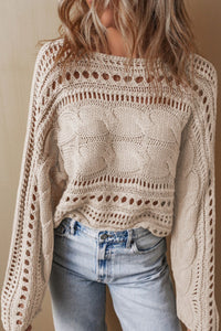 Openwork Cable Knit Long Sleeve Sweater - Pahabu - Women's Clothing & Shop
