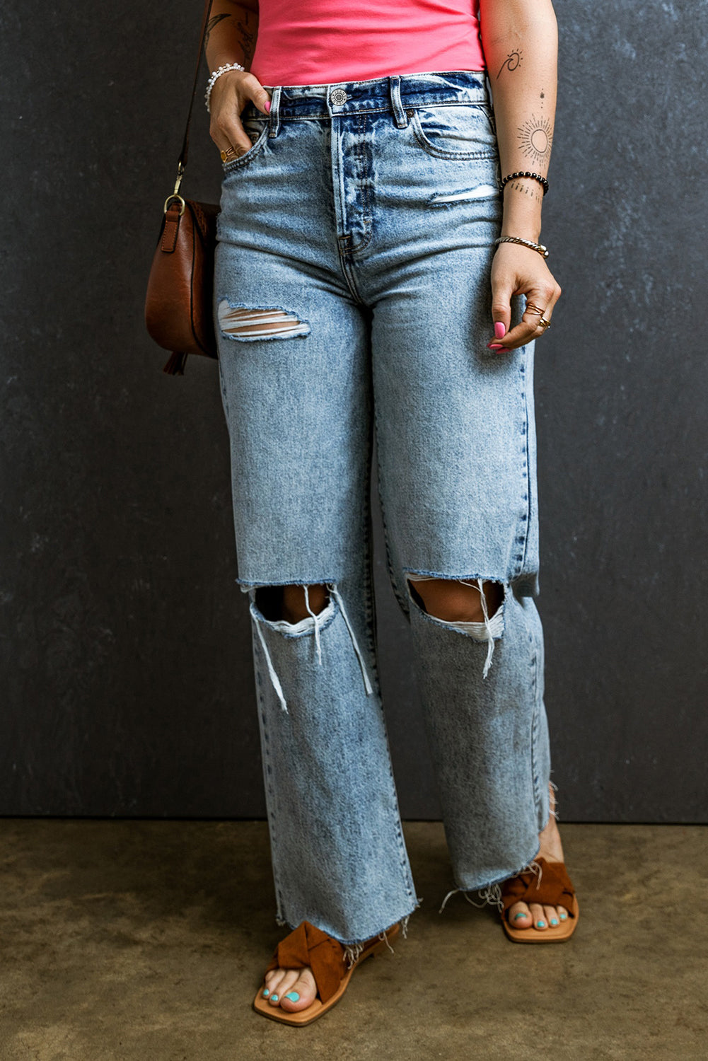 Distressed Raw Hem Straight Jeans - Pahabu - Women's Clothing & Shop