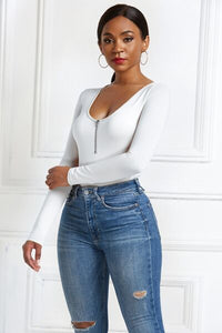 Half Zip Scoop Neck Long Sleeve Bodysuit - Pahabu - Women's Clothing & Shop