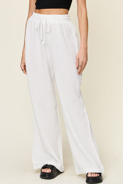 Double Take Full Size Texture Drawstring Wide Leg Pants - Pahabu - Women's Clothing & Shop