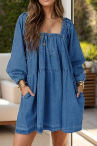 Tied Square Neck Long Sleeve Denim Dress with Pockets - Pahabu - Women's Clothing & Shop