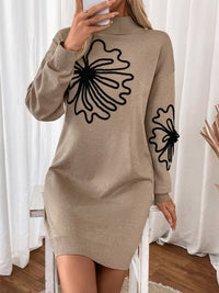 Perfee Flower Mock Neck Long Sleeve Sweater Dress - Pahabu - Women's Clothing & Shop