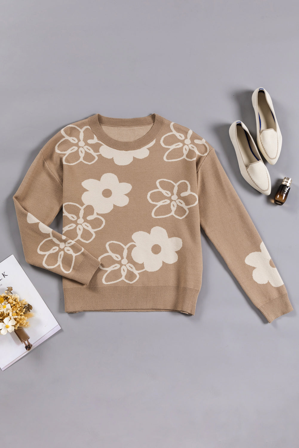 Flower Round Neck Dropped Shoulder Sweater - Pahabu - Women's Clothing & Shop
