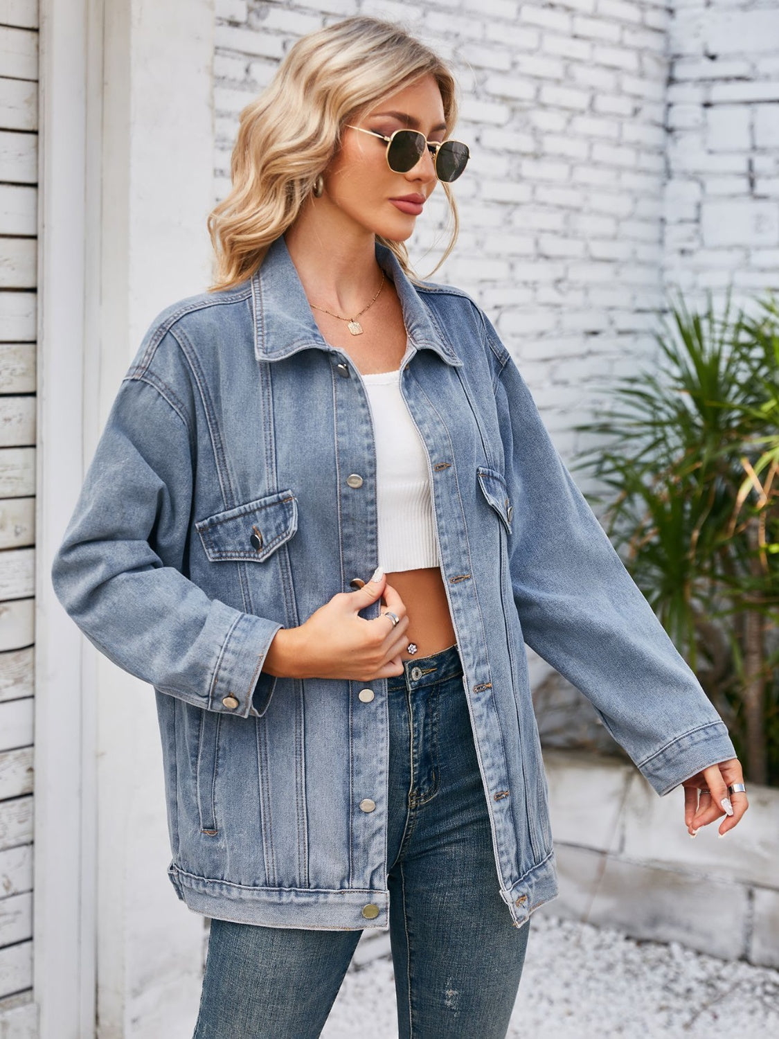 Button Up Long Sleeve Denim Jacket - Pahabu - Women's Clothing & Shop