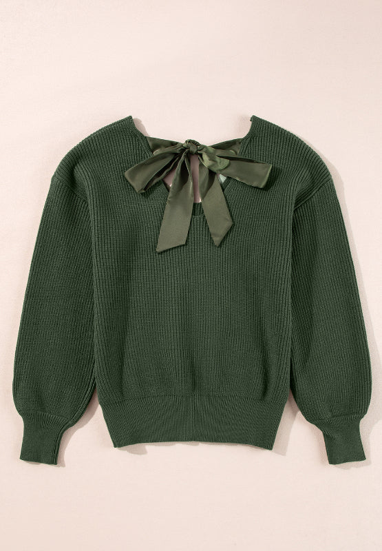Tied Back V-Neck Long Sleeve Sweater - Pahabu - Women's Clothing & Shop