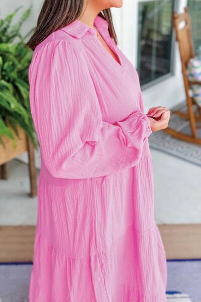 Tiered Johnny Collar Long Sleeve Dress - Pahabu - Women's Clothing & Shop