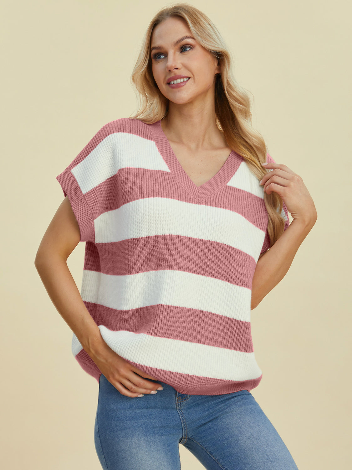 Double Take Full Size Striped V-Neck Short Sleeve Sweater - Pahabu - Women's Clothing & Shop