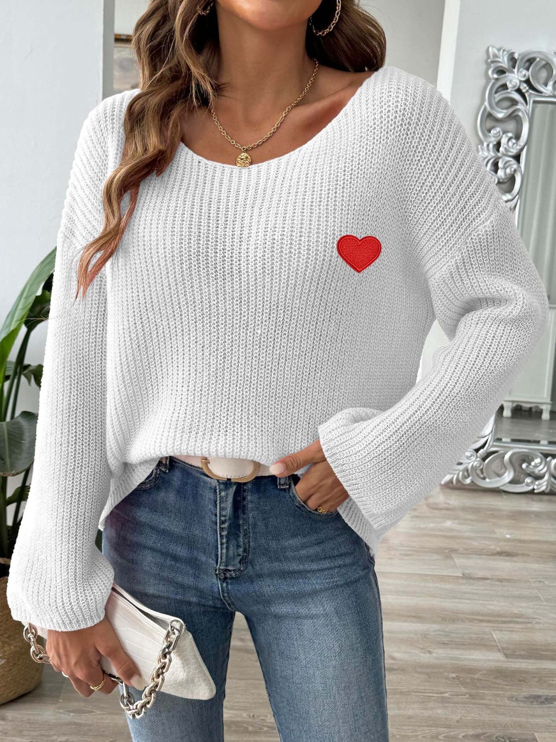 Heart Boat Neck Dropped Shoulder Sweater - Pahabu - Women's Clothing & Shop