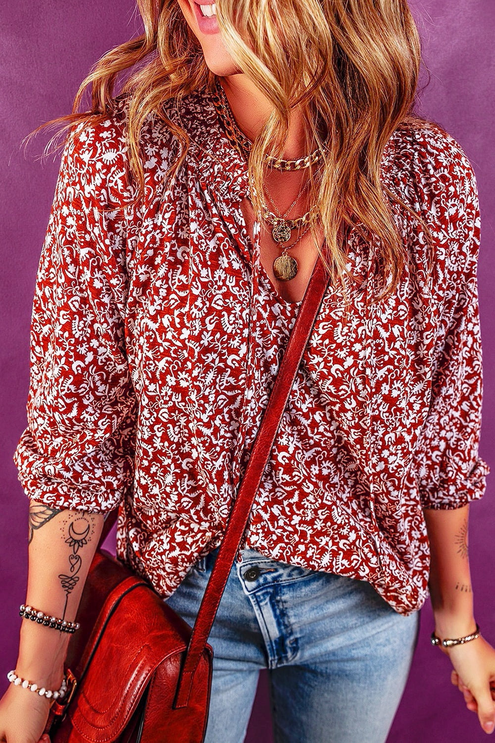Printed Tie Neck Balloon Sleeve Blouse - Pahabu - Women's Clothing & Shop