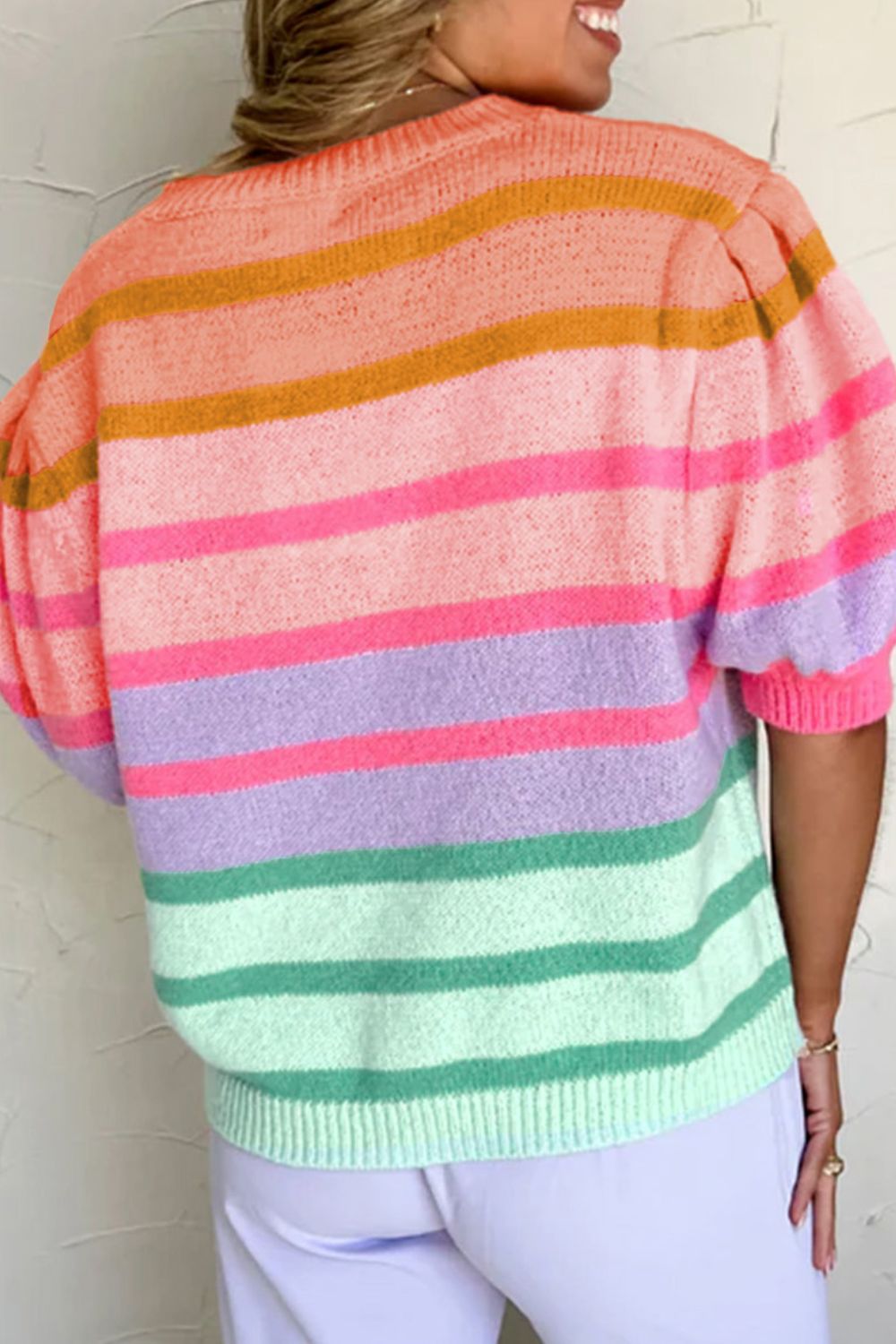 Striped Round Neck Half Sleeve Sweater - Pahabu - Women's Clothing & Shop